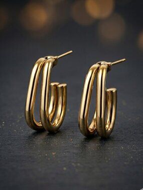 18 Karat Gold Plated Stainless Steel Double C Hoop Minimalist Everyday Earrings